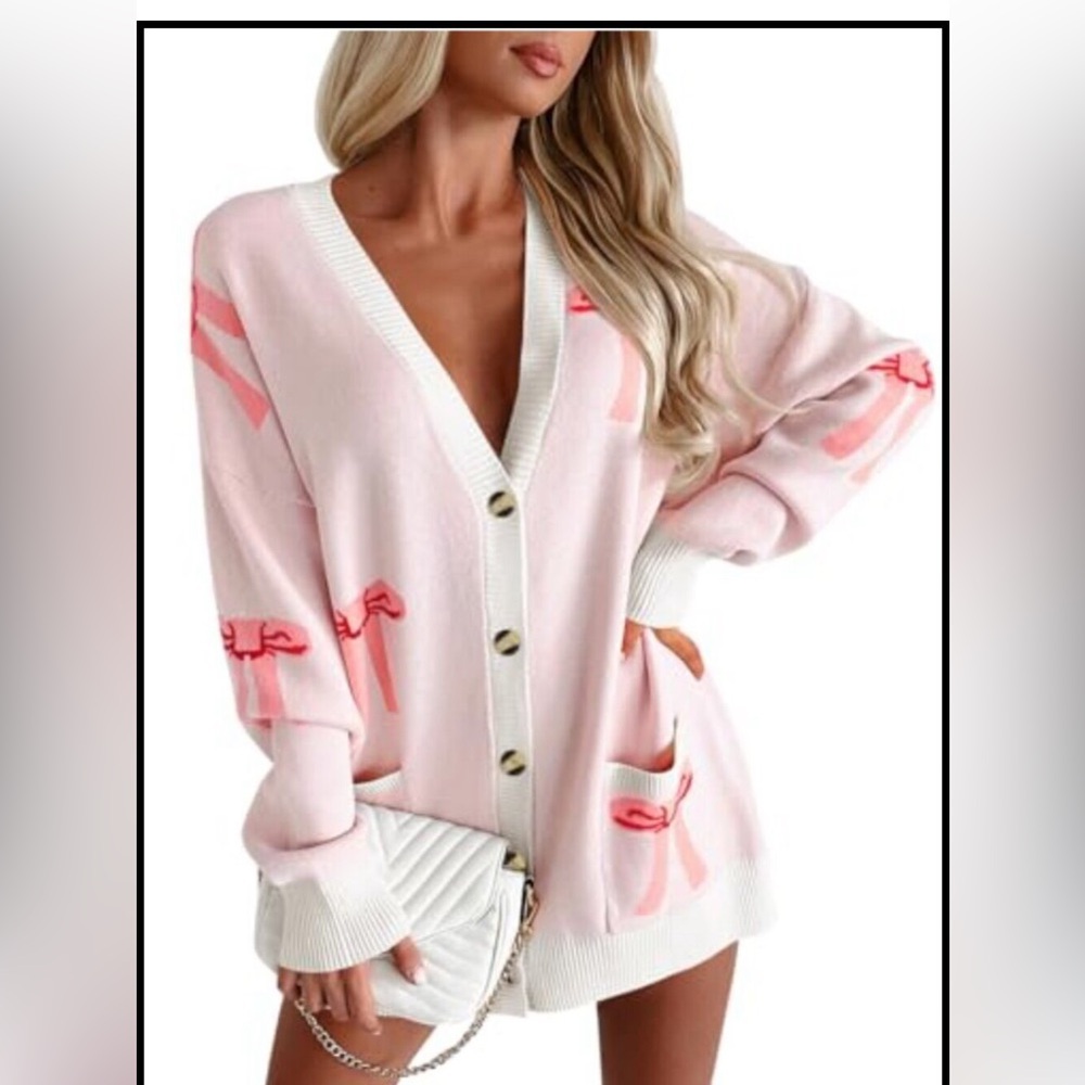Oversized Bow Print Cardigan Sweater Women Long Sleeve Knit Fall Trendy